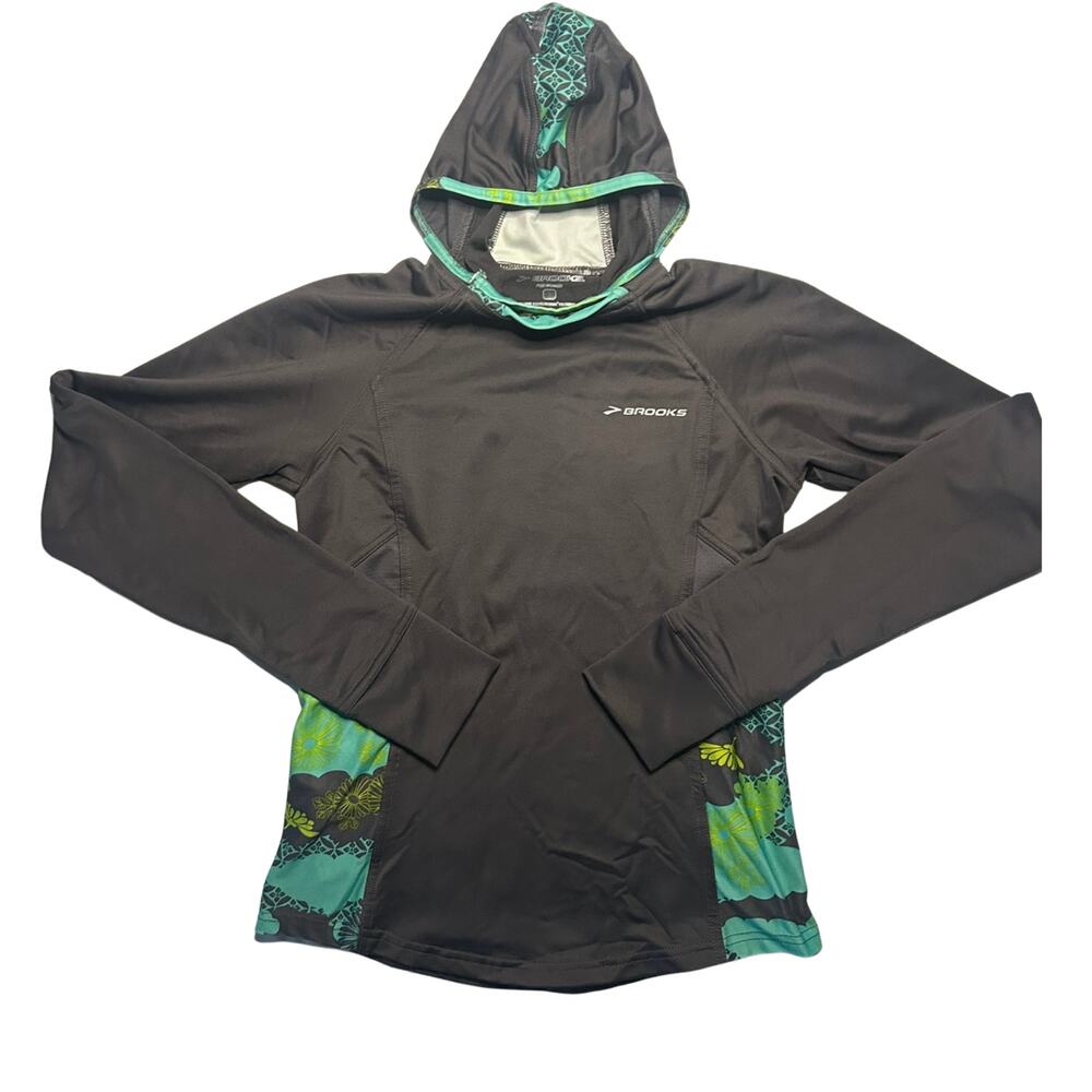 Brooks Nightlife Women's XS Hooded Running Shirt Gray Teal Floral Thumbholes